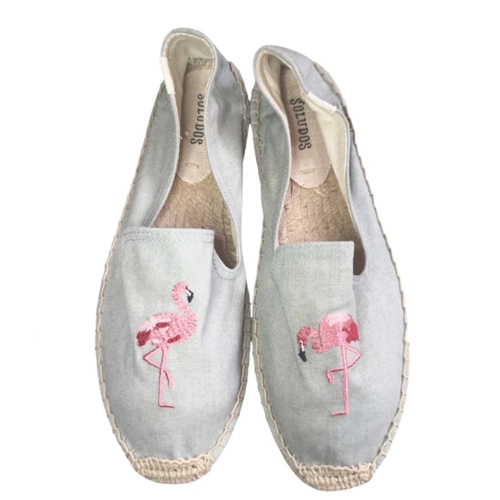 Soludos Gray Espadrilles with Pink Flamingo Embroidery
